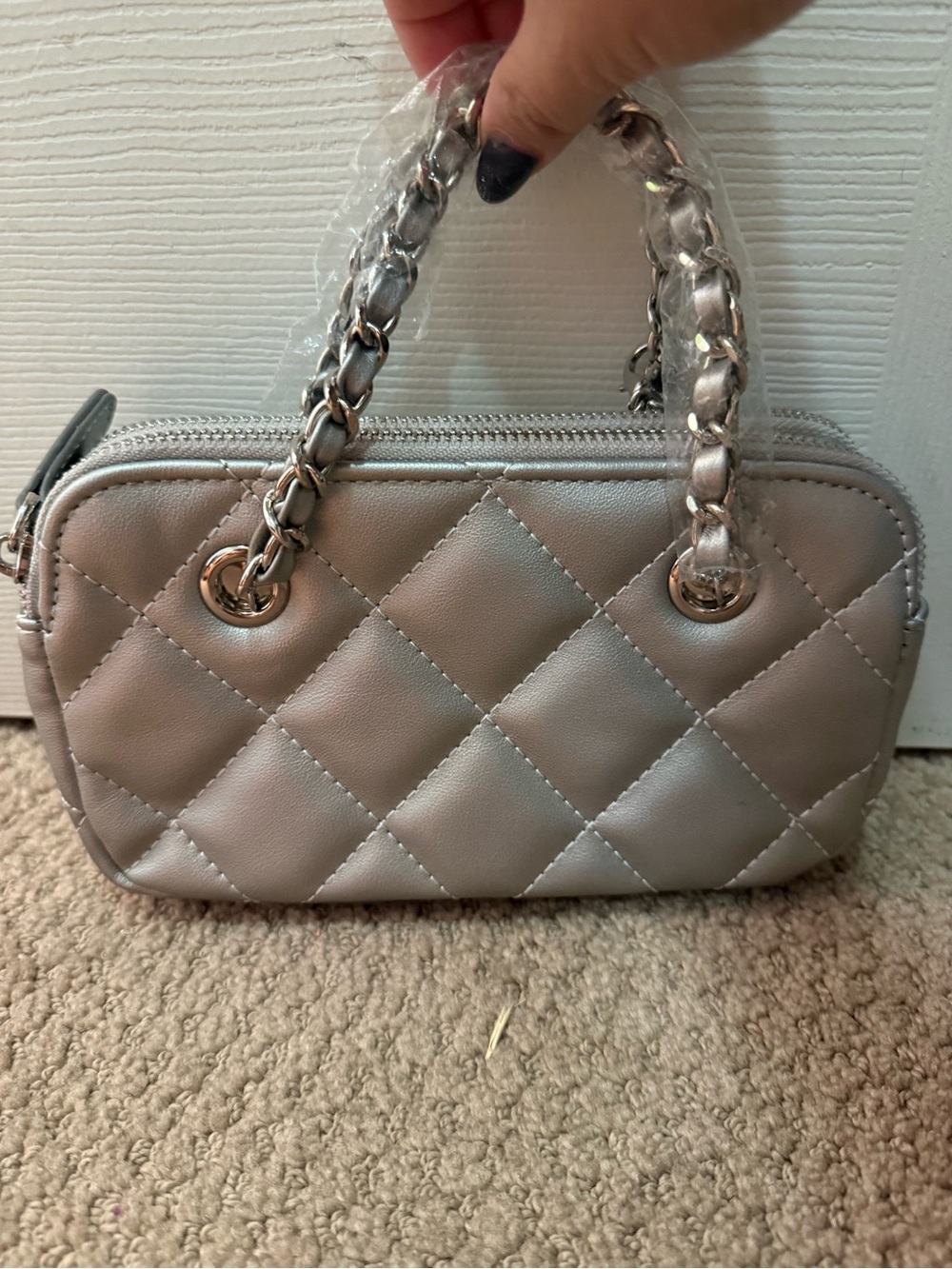 Quilted Silver Mini Satchel Handbag